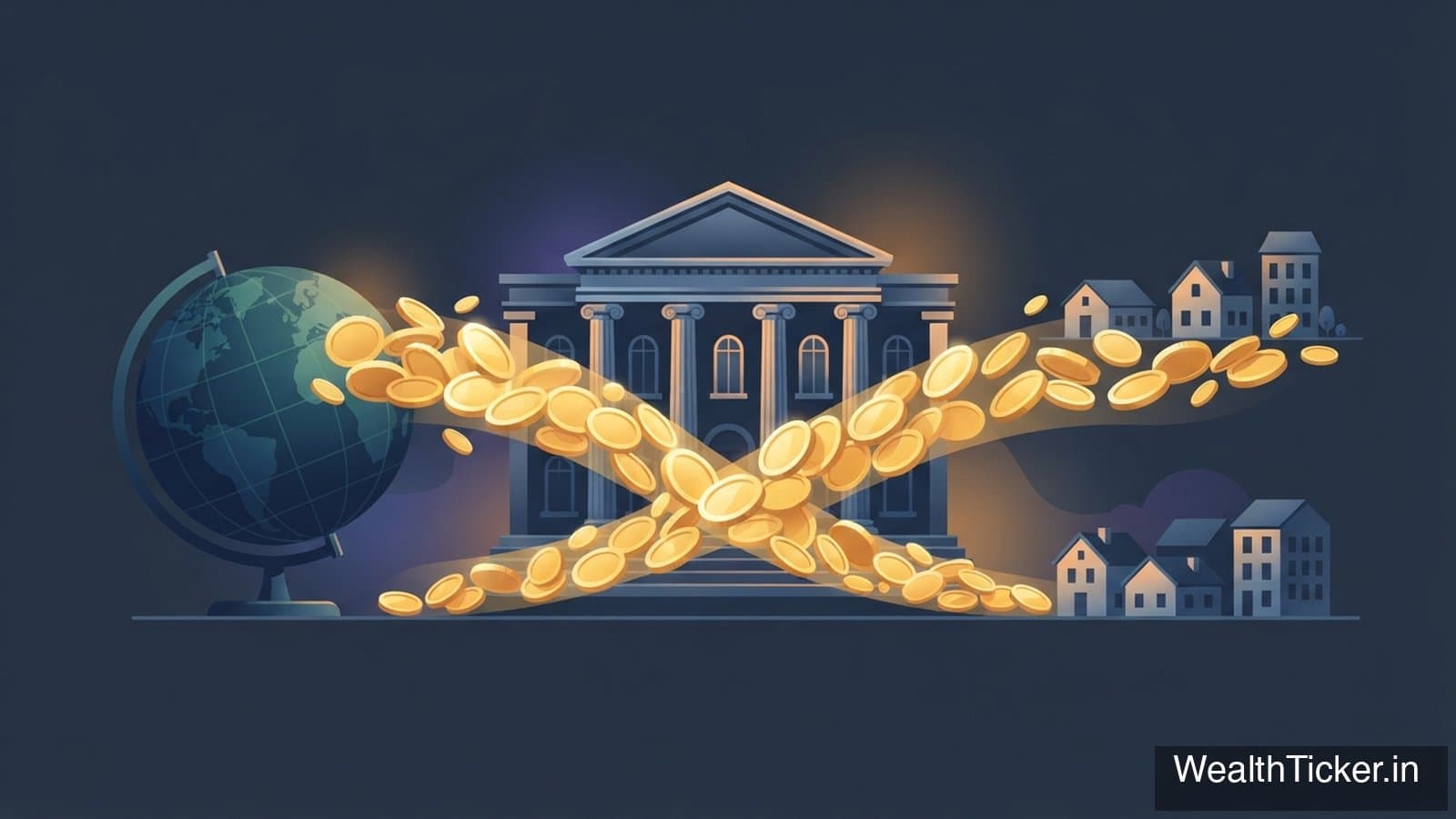 Two streams of gold coins crossing in front of a stock exchange building, between a globe and a row of houses