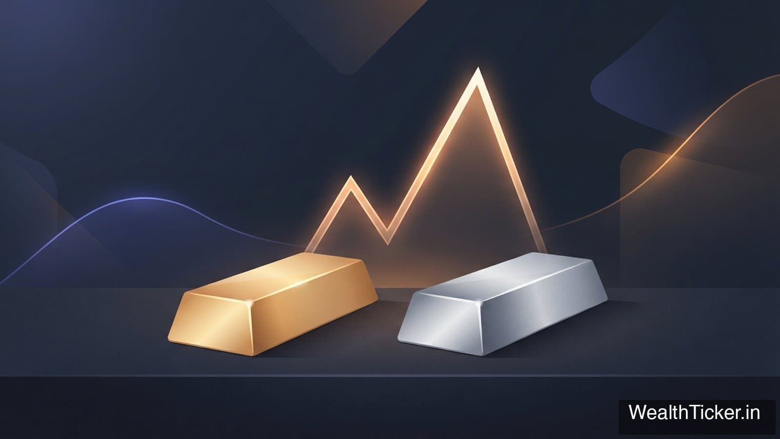 A gold bar and a silver bar in front of a price line that climbs to a sharp peak and falls back