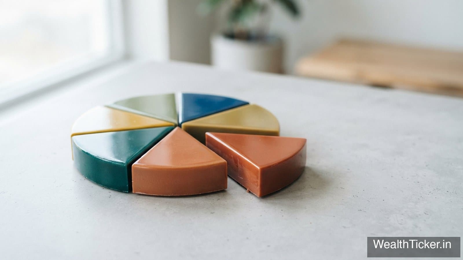 A three-dimensional pie chart with coloured slices