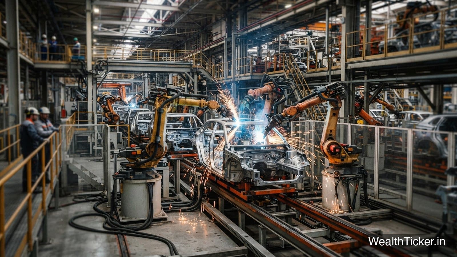 Robotic arms welding car bodies on an assembly line