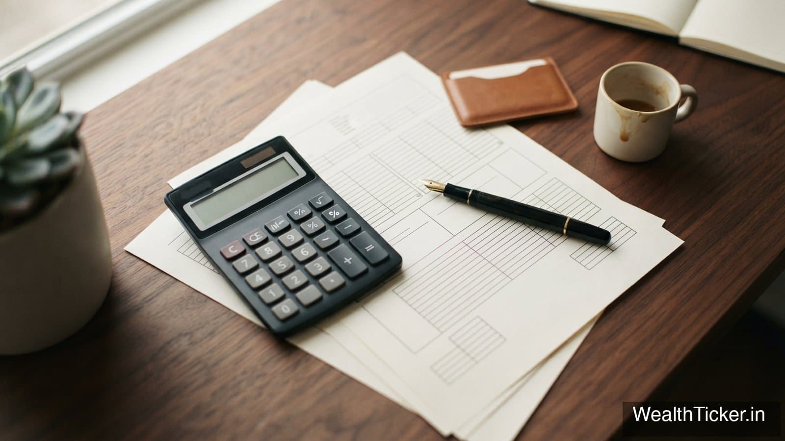 A calculator, a pen and printed financial statements on a desk