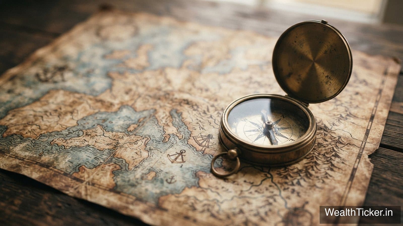 A brass compass lying on a map