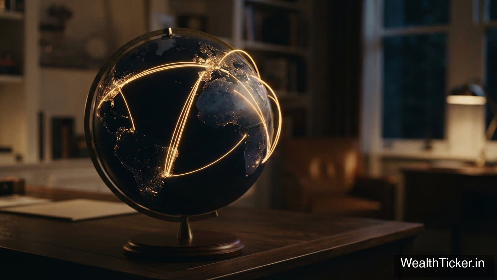 A globe crossed by streams of light, like money moving between countries