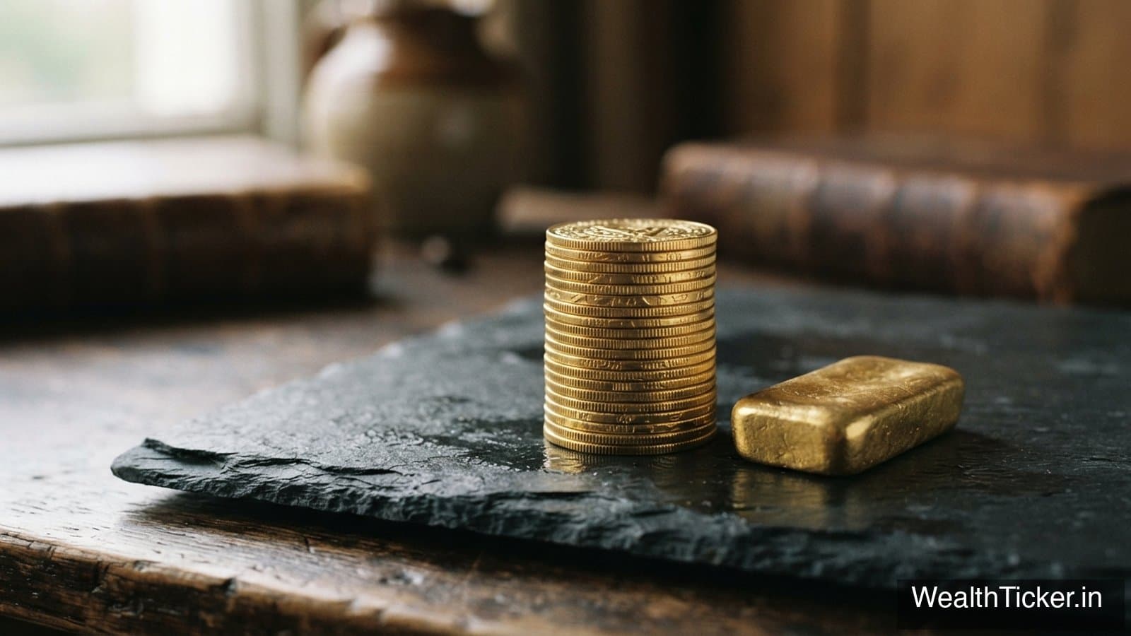 A stack of gold coins and a small gold bar on a dark surface