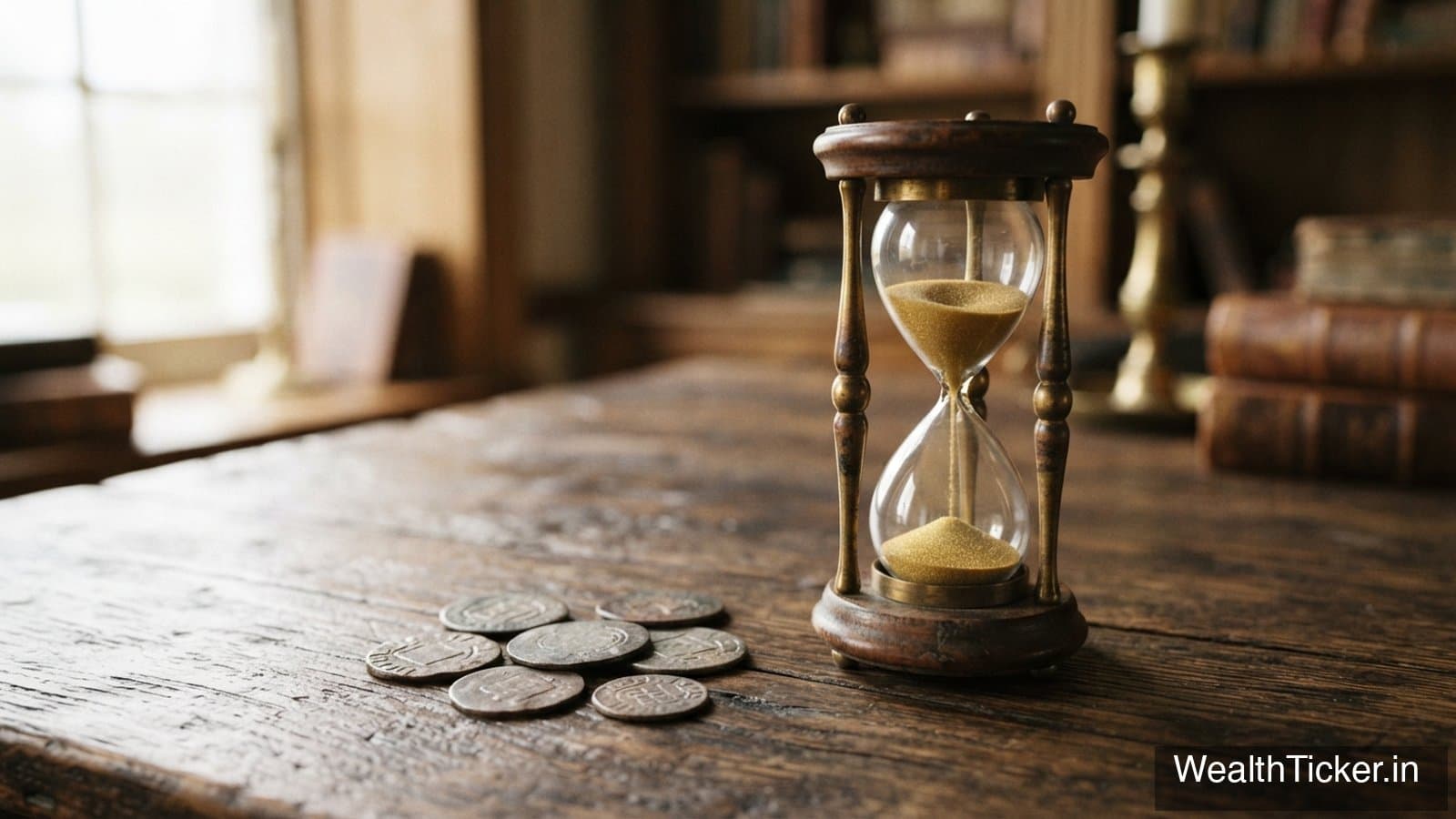 An hourglass with sand running, beside a few coins