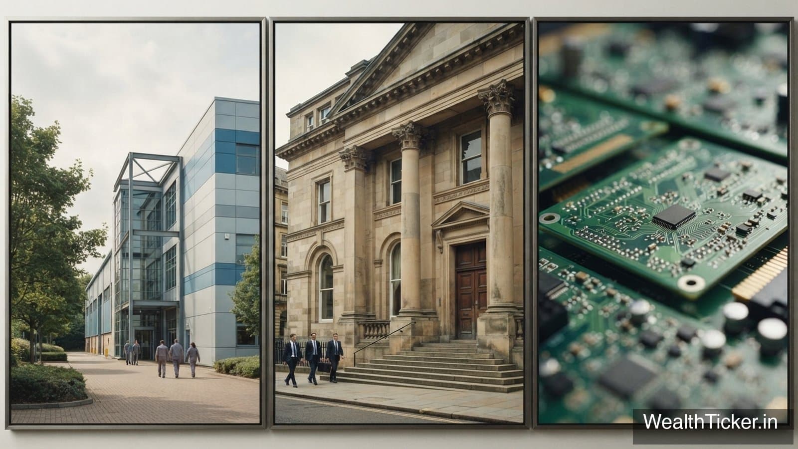 A montage of a factory, a bank building and circuit boards