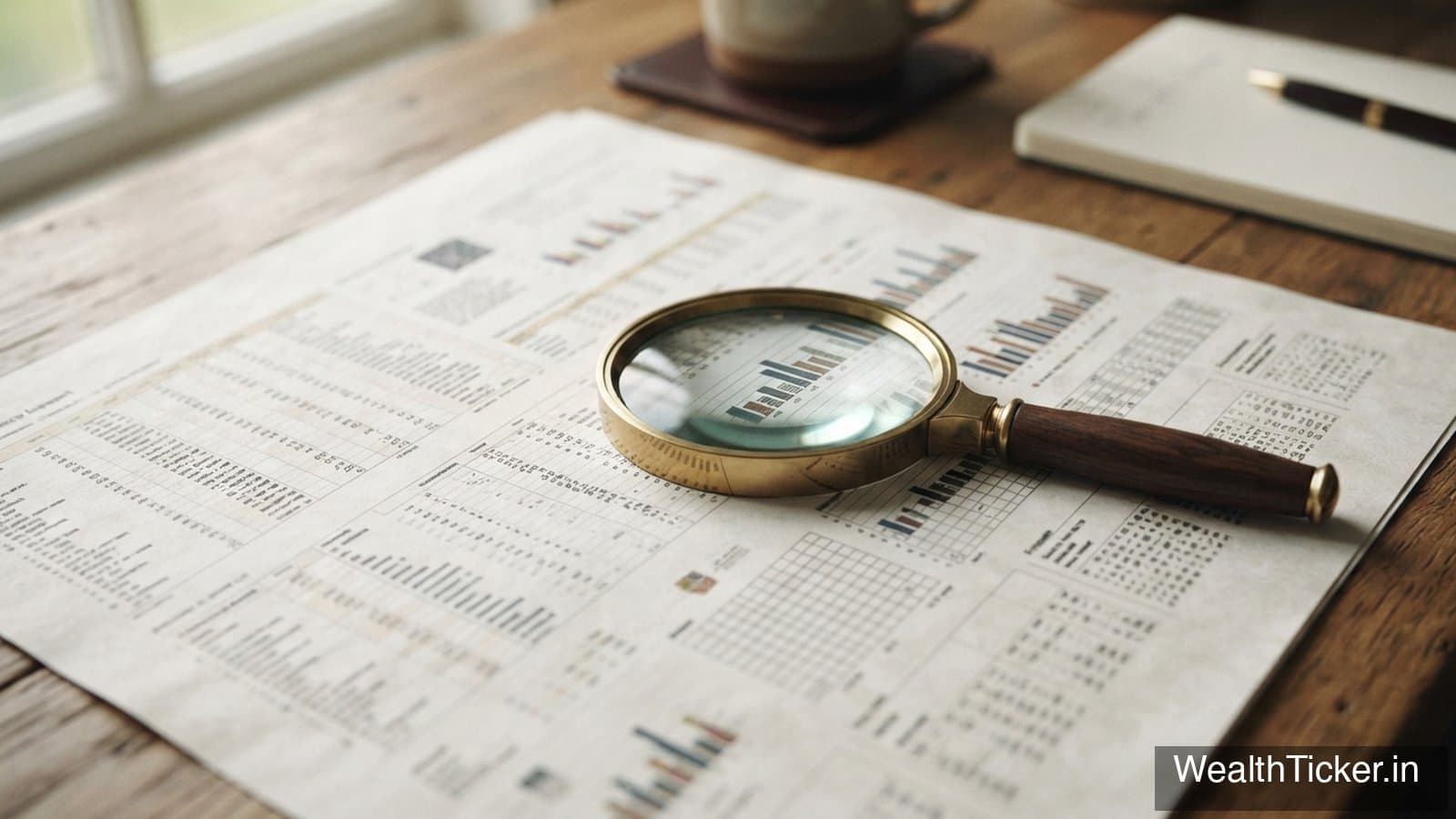 A magnifying glass over a printed report full of tables