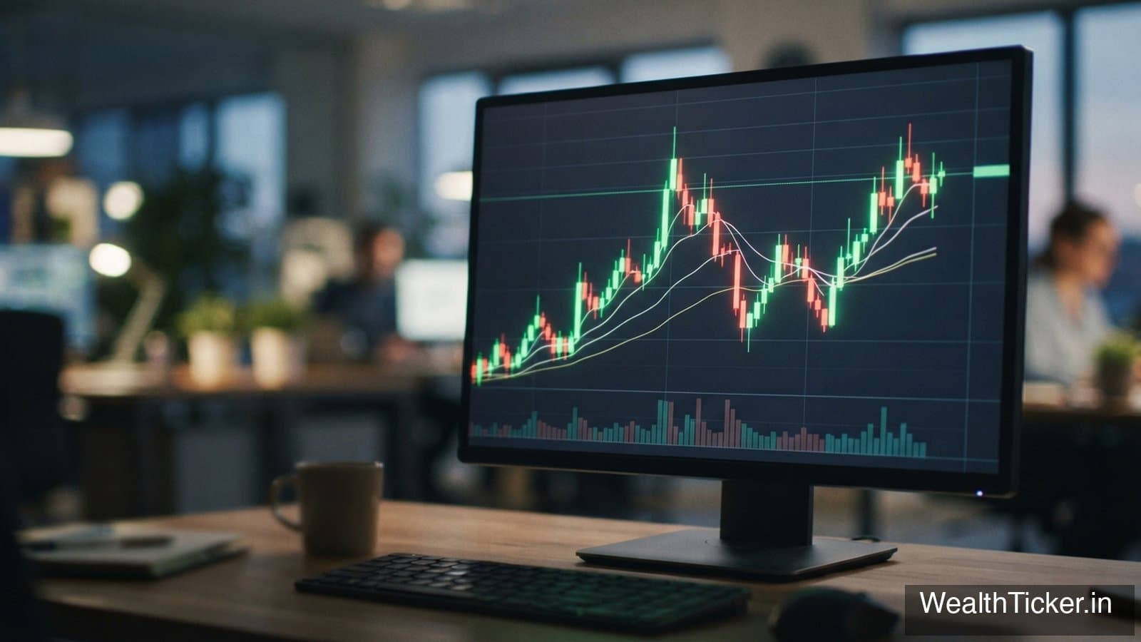 A glowing stock market candlestick chart on a dark screen
