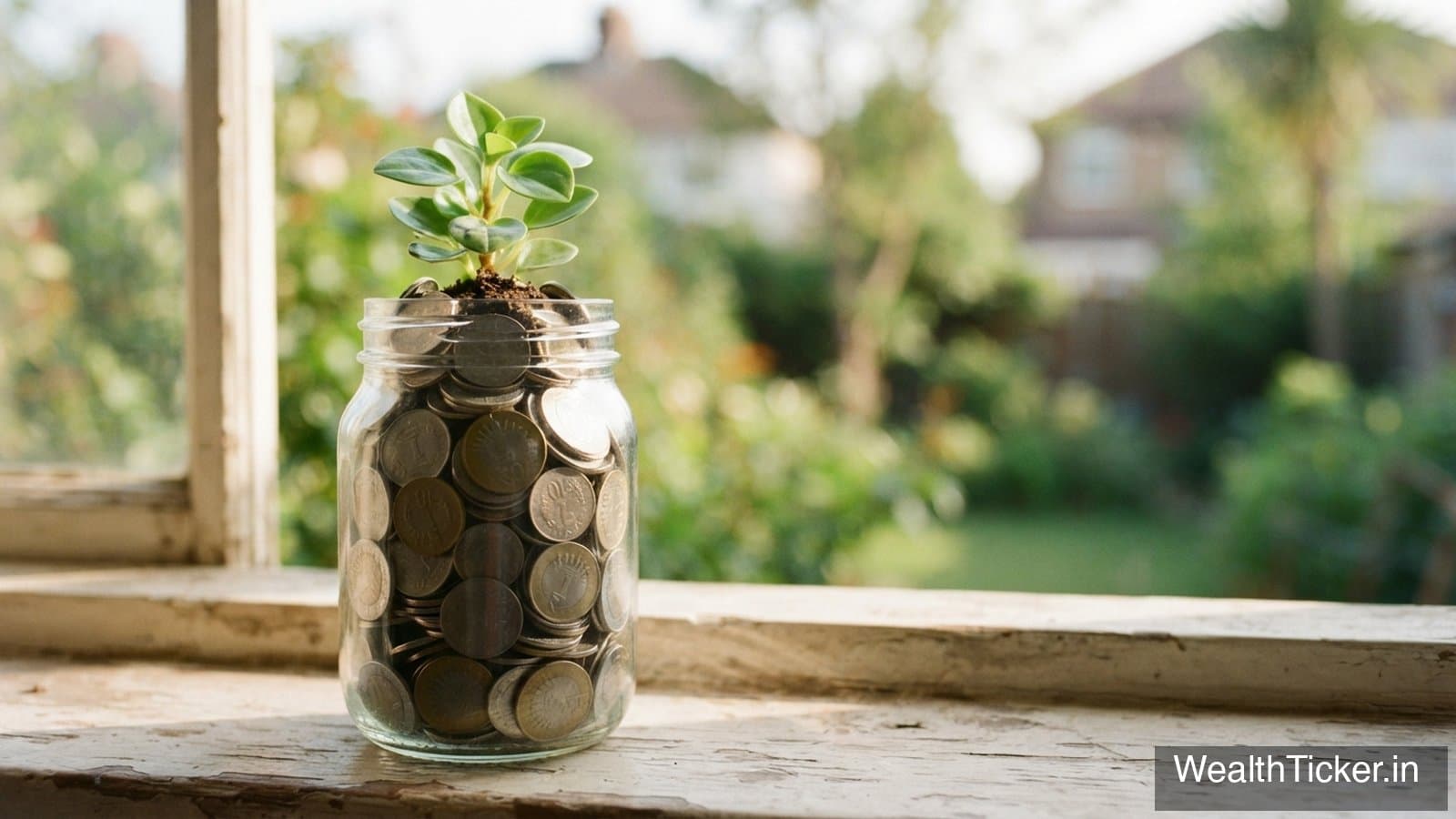 Indian rupee coins in a glass jar with a small plant growing from it
