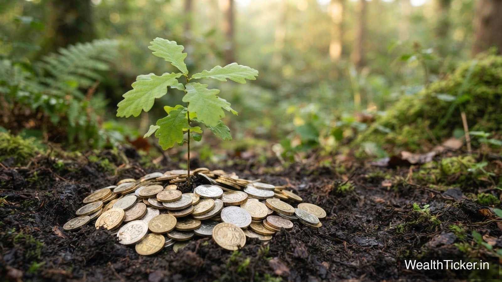 A young green sapling growing out of a pile of coins