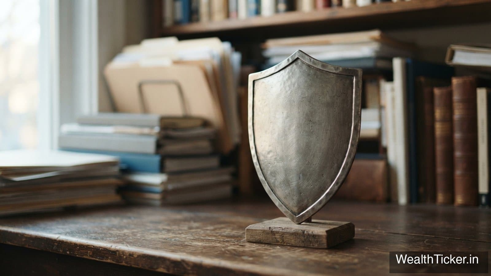 A metallic shield in front of neatly stacked documents