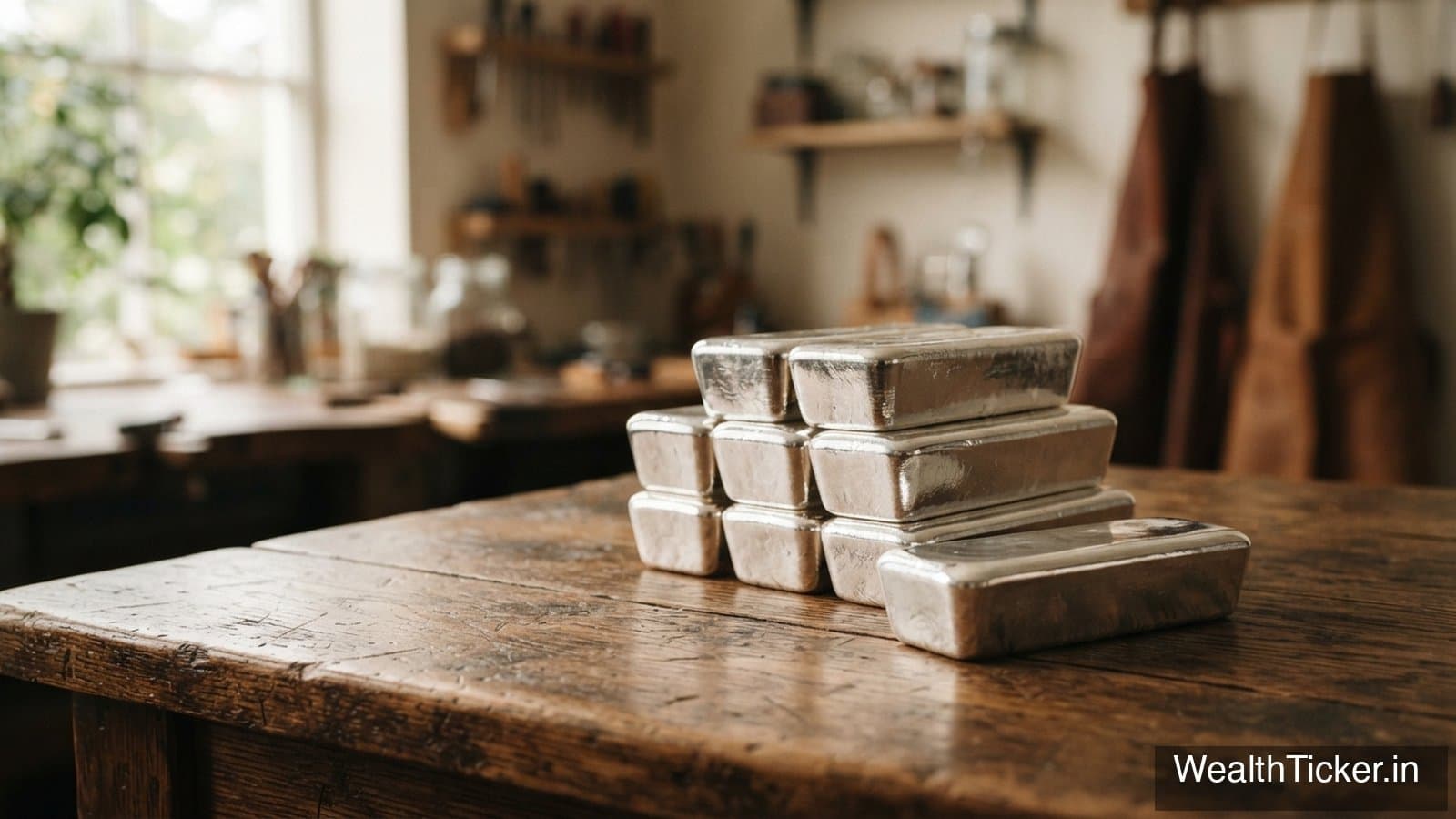 Polished silver bullion bars stacked on a table