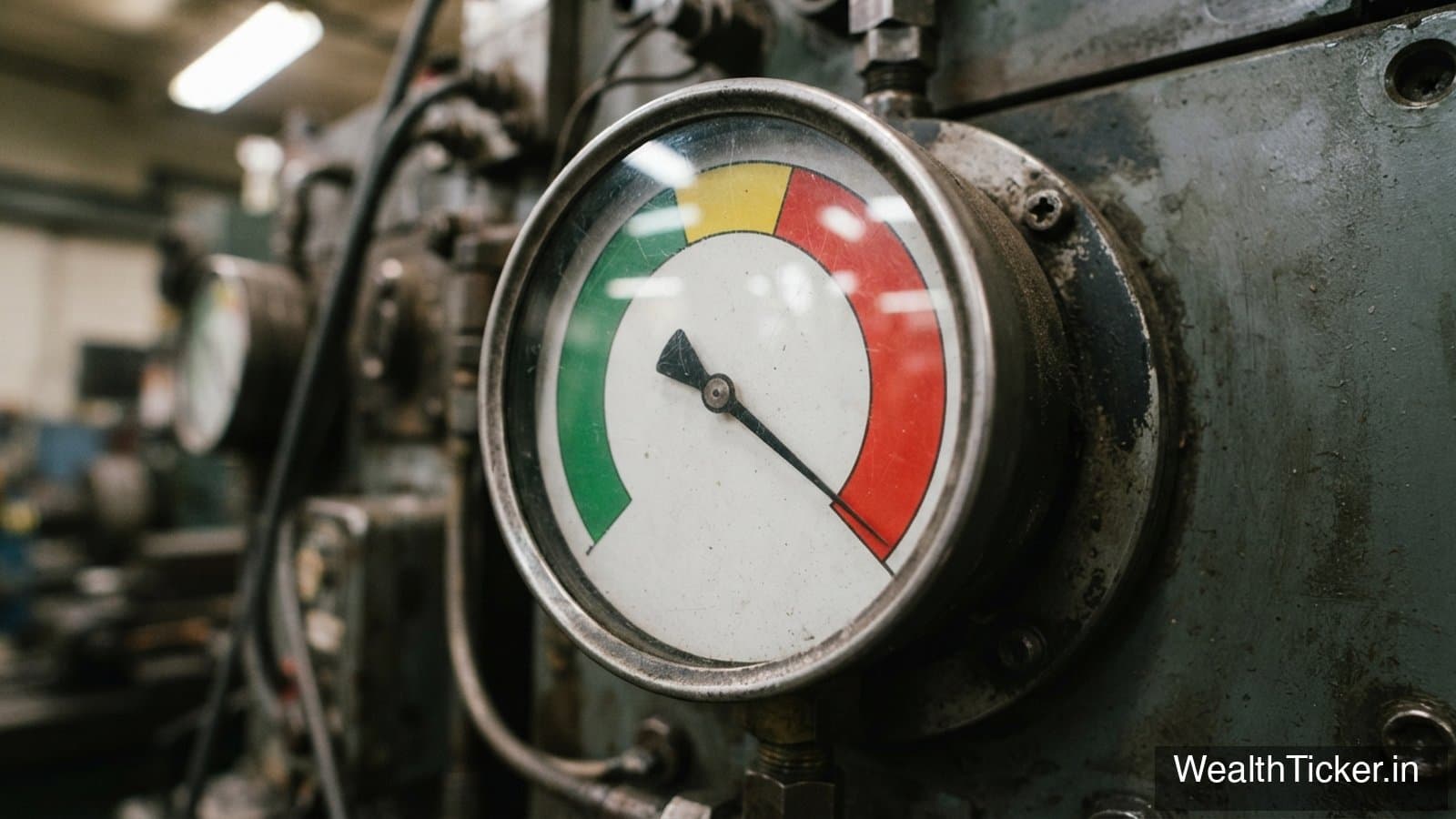 An analog gauge whose needle points into the red zone