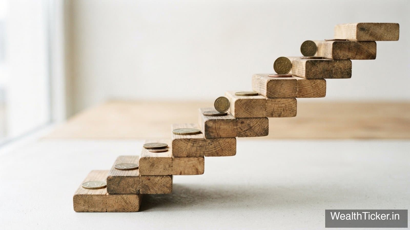 Wooden blocks arranged as rising stairs with a coin on each step