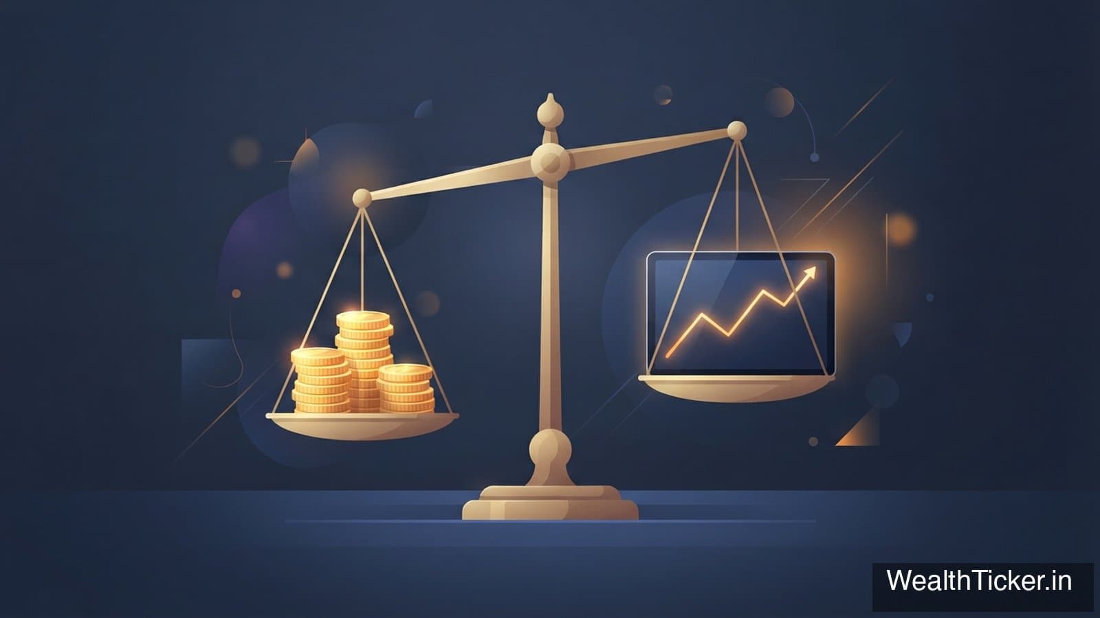 A balance scale weighing a stack of gold coins against a market chart