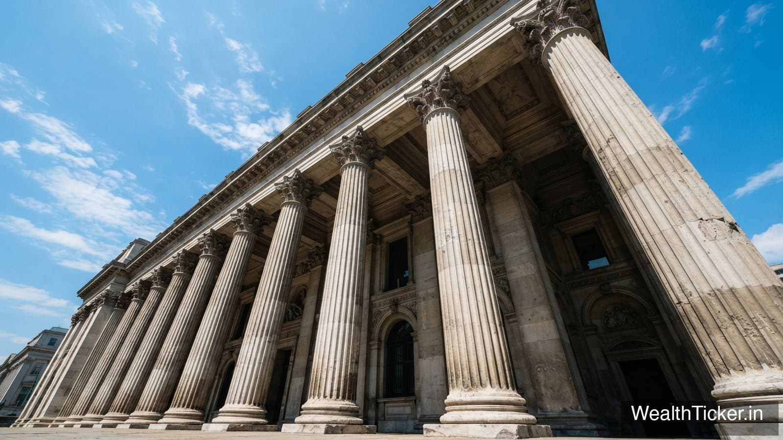 The classical stone columns of a grand bank building against a blue sky