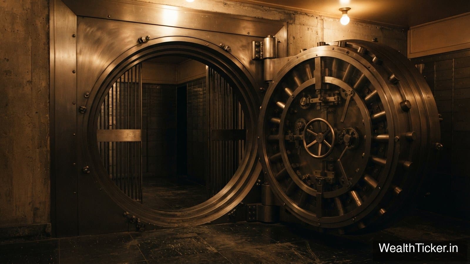 A heavy round steel vault door standing open