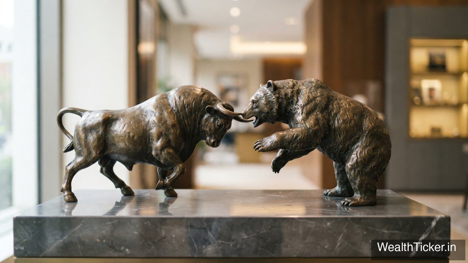 Bronze sculptures of a bull and a bear facing each other on a stone plinth