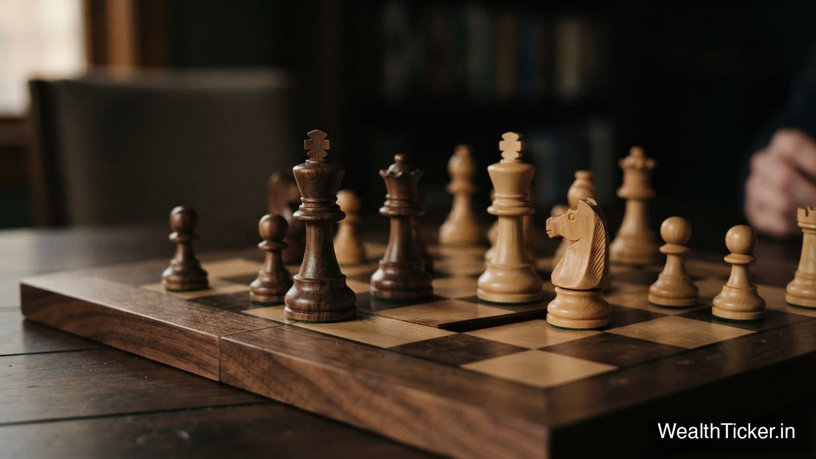 Wooden chess pieces mid-game on a chessboard