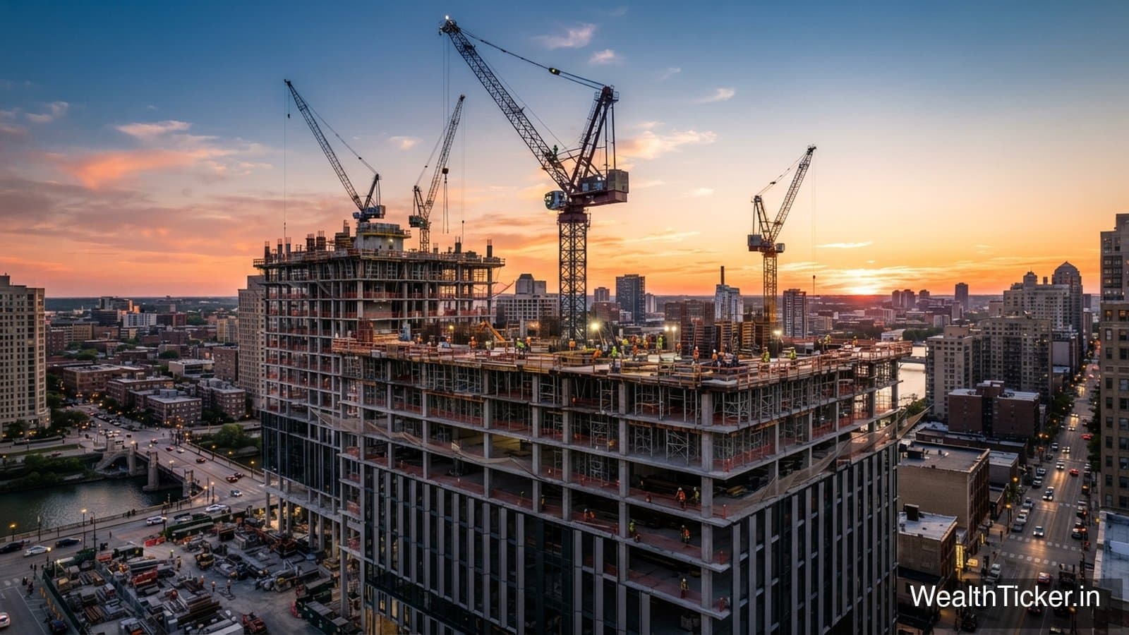 Tower cranes over a high-rise under construction at sunset