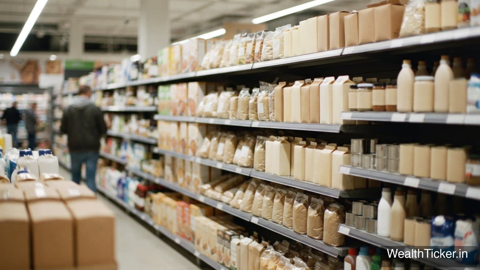 Supermarket shelves stocked with packaged goods
