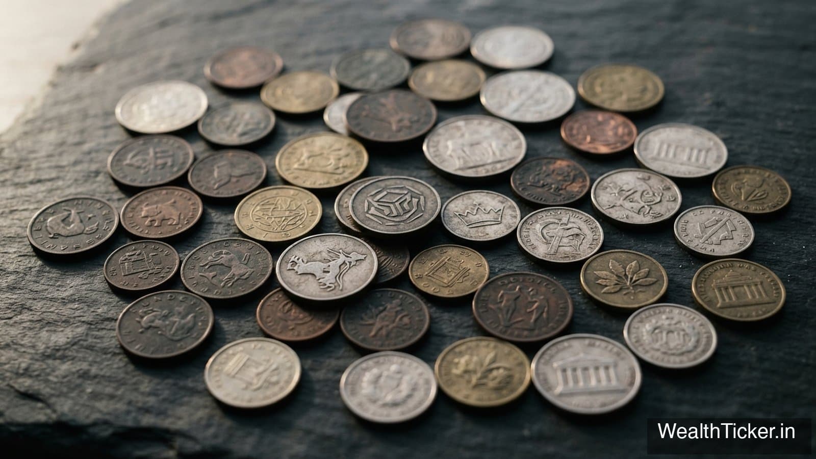 Coins from several countries scattered on dark slate