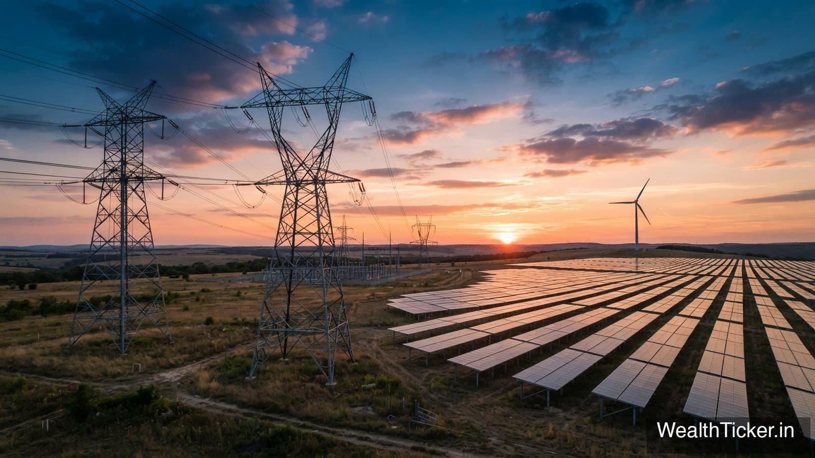 Power transmission towers and a solar farm at sunset, a wind turbine in the distance