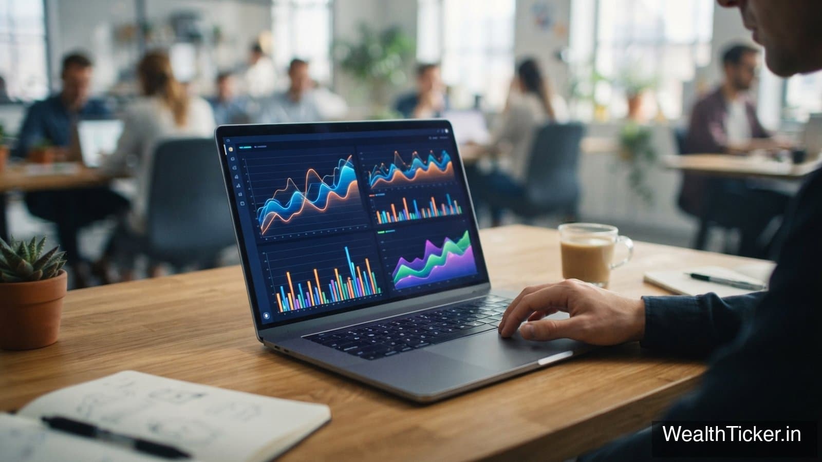 A laptop showing colourful charts on a desk in a busy office