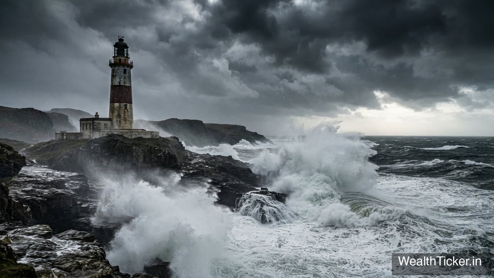 A lighthouse on a rocky coast as storm waves crash around it