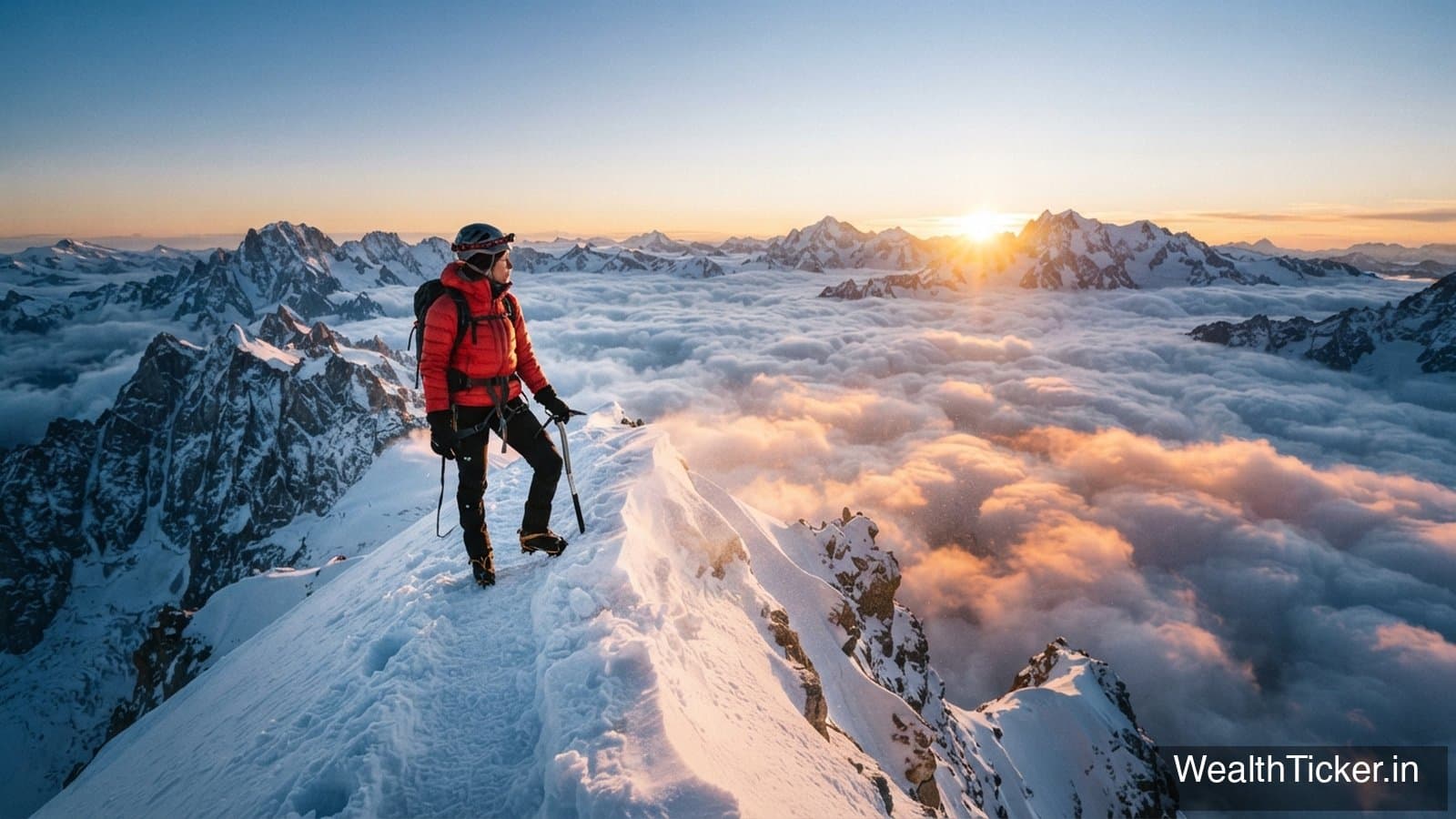 A climber standing on a snowy summit above the clouds at sunrise