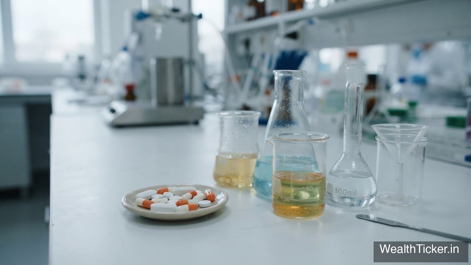 Capsules and tablets beside glass laboratory flasks on a white bench