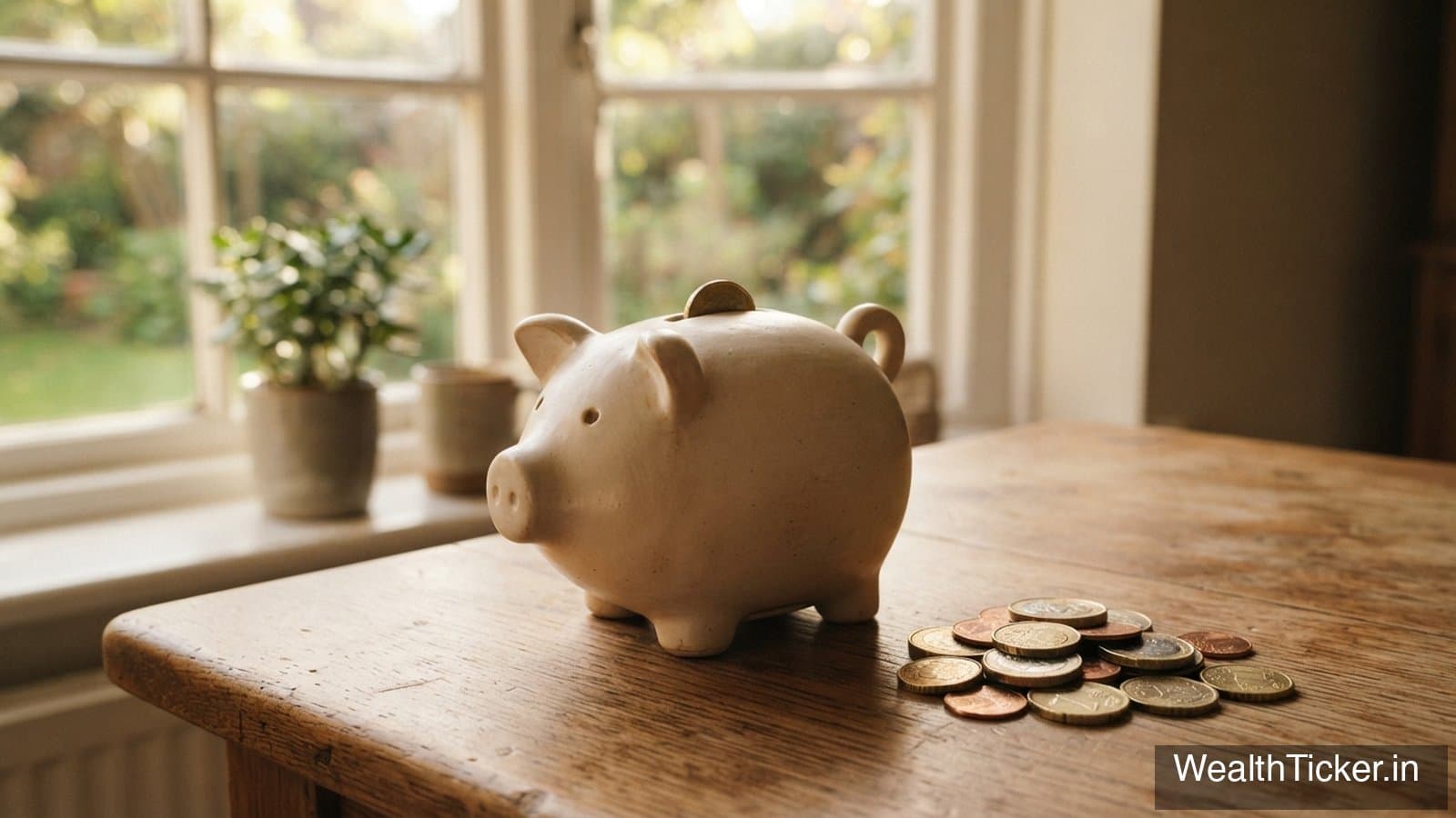A ceramic piggy bank beside a few coins on a wooden table by a window