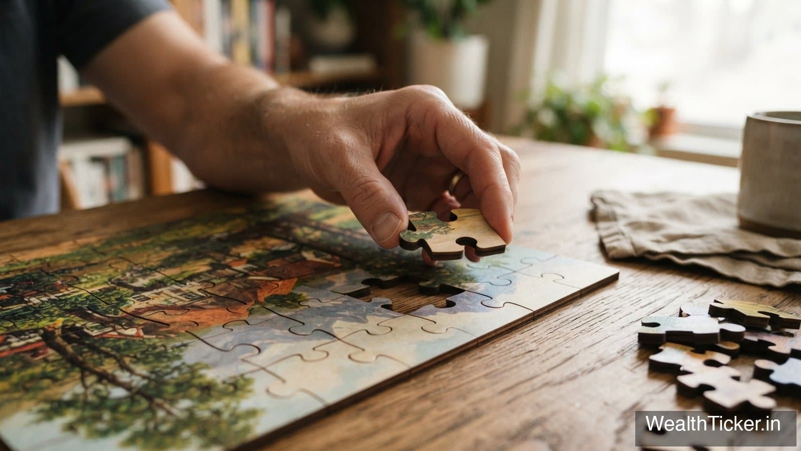 A hand placing a piece into a wooden jigsaw puzzle