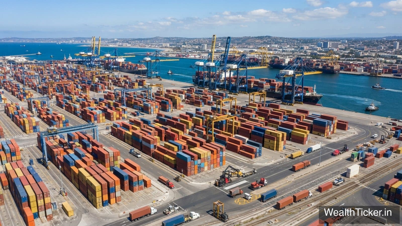 Stacks of colourful shipping containers at a busy port, seen from above