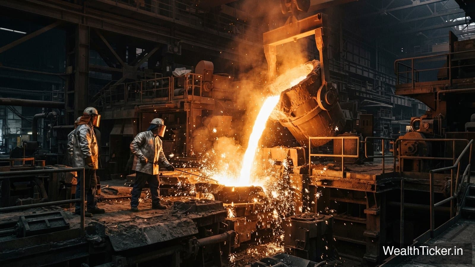 Molten steel pouring in a steel mill, workers and orange sparks