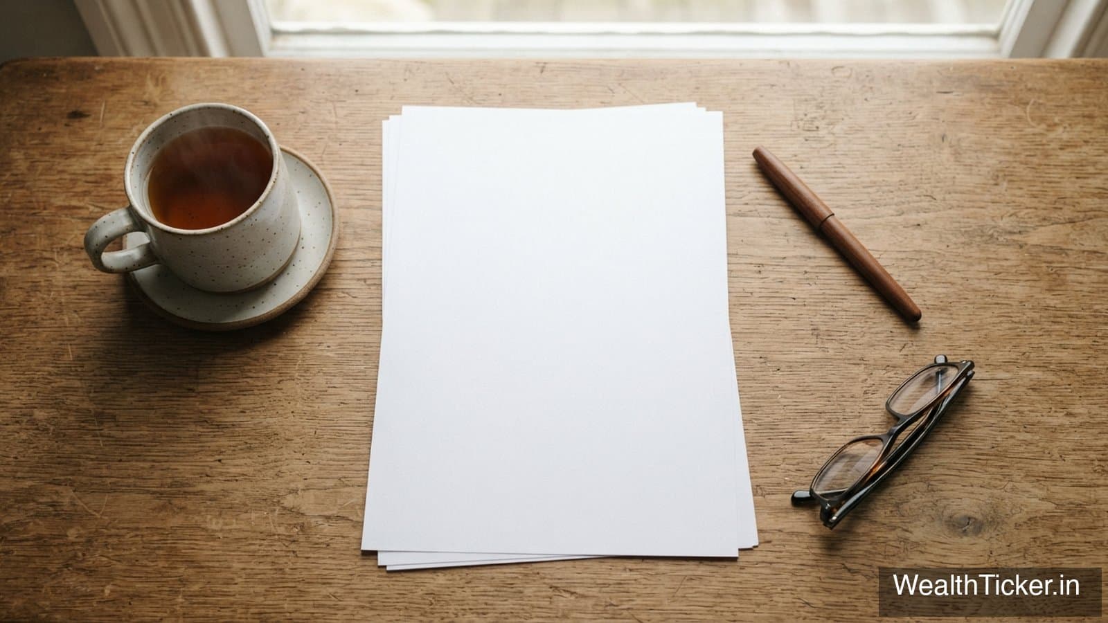 Blank paper, a pen, reading glasses and a cup of tea on a wooden desk