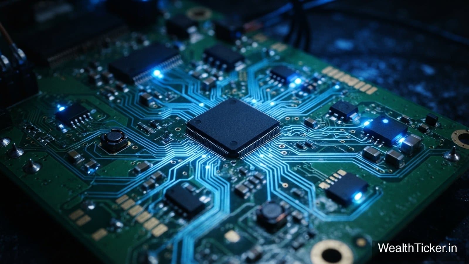 A green circuit board with glowing blue traces and a microchip