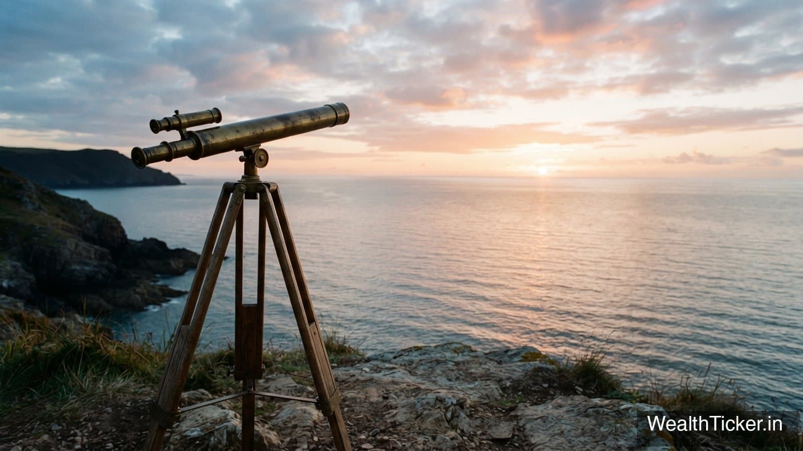 A brass telescope on a tripod facing the sea at dawn